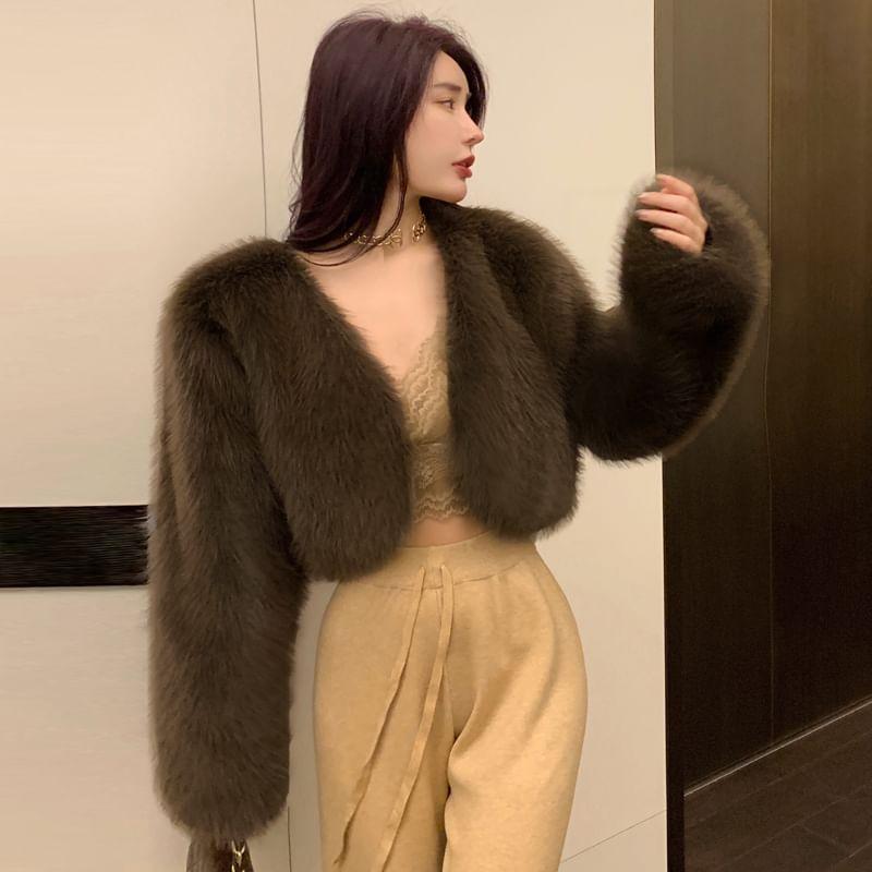 V-Neck Plain Faux Fur Cropped Coat Product Image