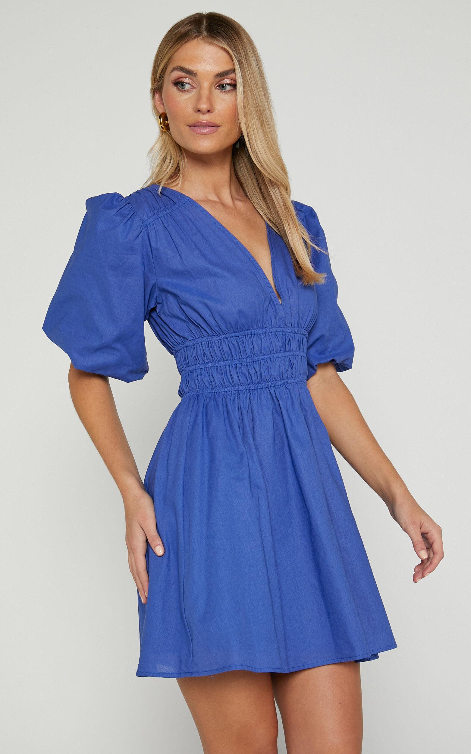 Francesca V Neck Puff Sleeves Mini Dress in Cornflower Blue Product Image