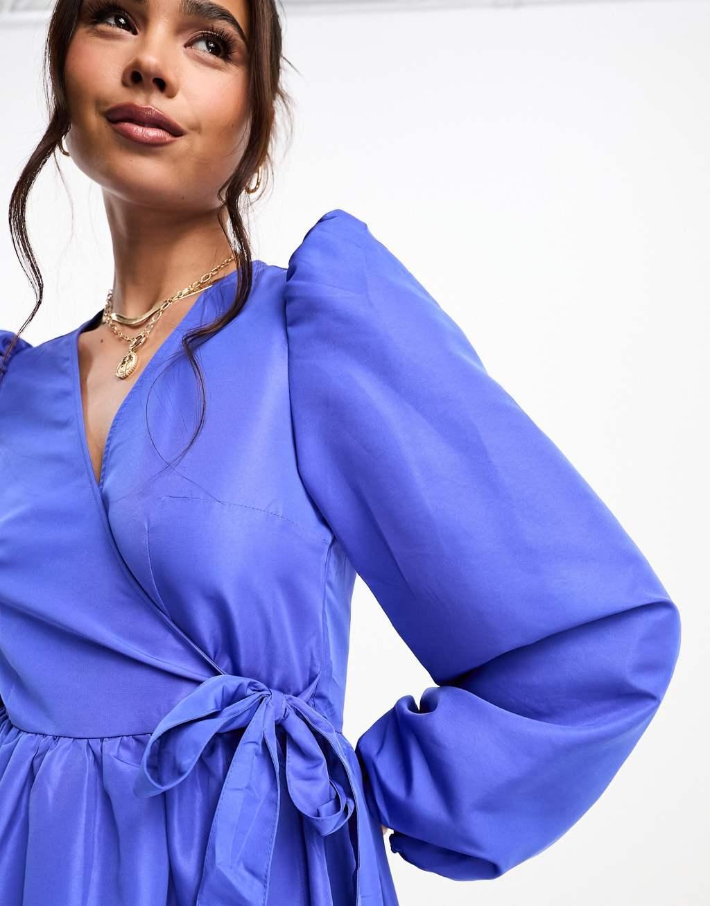 Monki midi wrap dress in blue Product Image