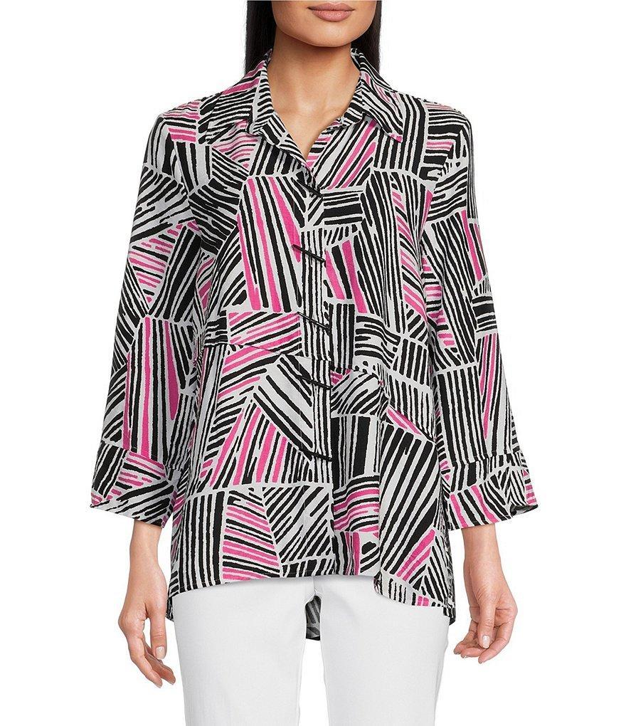 Ali Miles Printed Woven Wire Collar 3/4 Sleeve Asymmetric Hem Button-Front Tunic Product Image