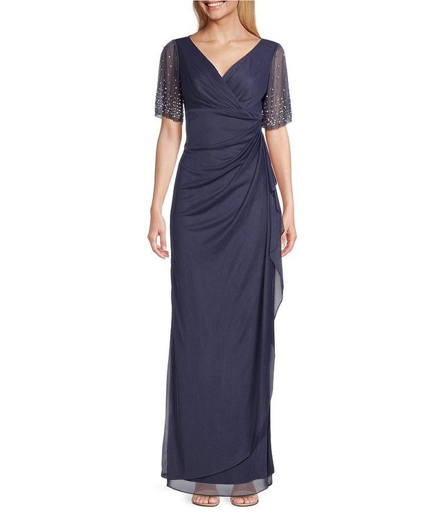 Alex Evenings Short Embellished Flutter Sleeve V-Neck Cascade Ruffle Empire Waist Gown Product Image