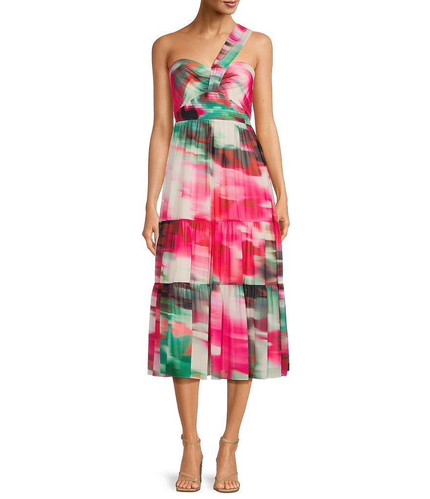 Belle Badgley Mischka Remi Georgette printed Strapless One Sleeve Midi Dress Product Image