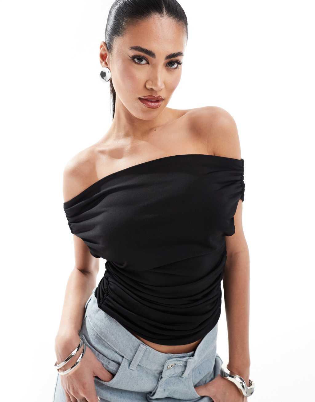 Simmi slinky off the shoulder foldover top in black Product Image