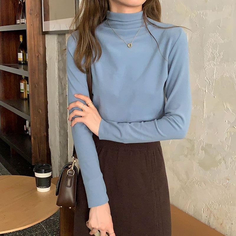 Long-Sleeve Mock Neck Plain Top (Various Designs) product image