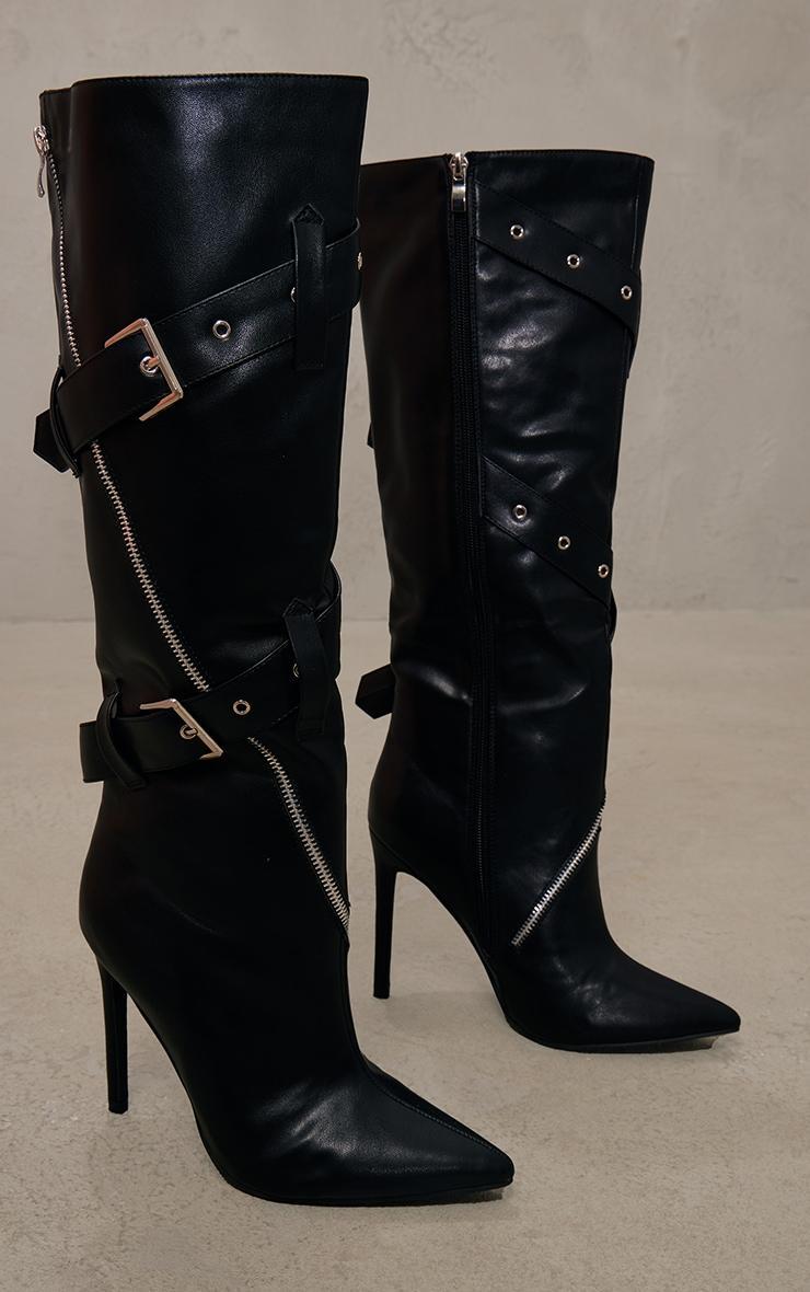 Black Pu Point Toe Double Buckle Knee High Heeled Boots Product Image