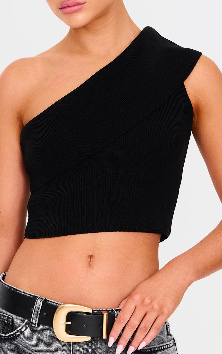 Black Soft Rib Knit One Shoulder Fold Over Crop Top Product Image