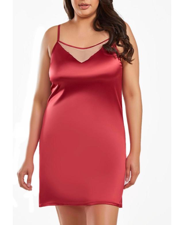 iCollection Jenna Plus Size Contrast Nude and Burgundy Satin Chemise Product Image