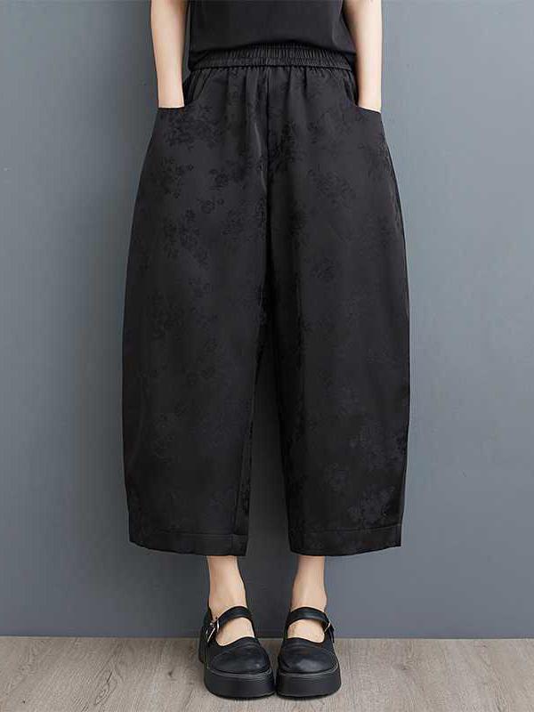 Harem Pants High Waisted Elasticity Jacquard Pockets Solid Color Ninth Pants Trousers Product Image