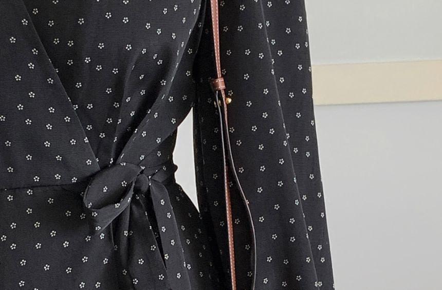 Long-Sleeve V-Neck Dotted Tie Waist Midi A-Line Wrap Dress Product Image