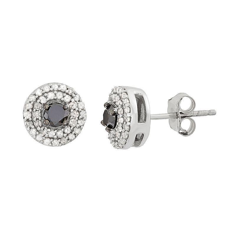 Jewelexcess 1/2 Carat T.W. Black & White Diamond Sterling Silver Double Halo Button Stud Earrings, Womens Product Image