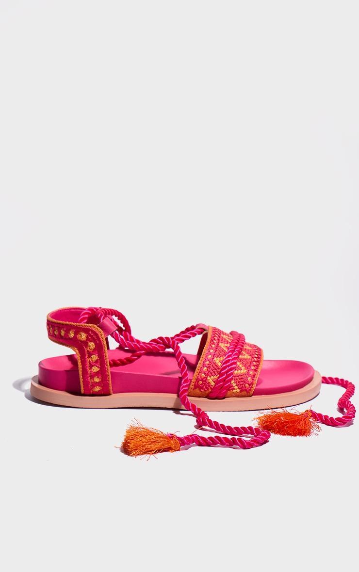 Pink and Orange Pu Round Toe Embroidery Strap Lace Up Sandals Product Image