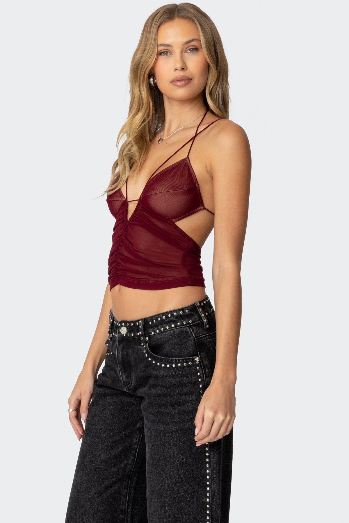 Strappy Ruched Mesh Top Product Image