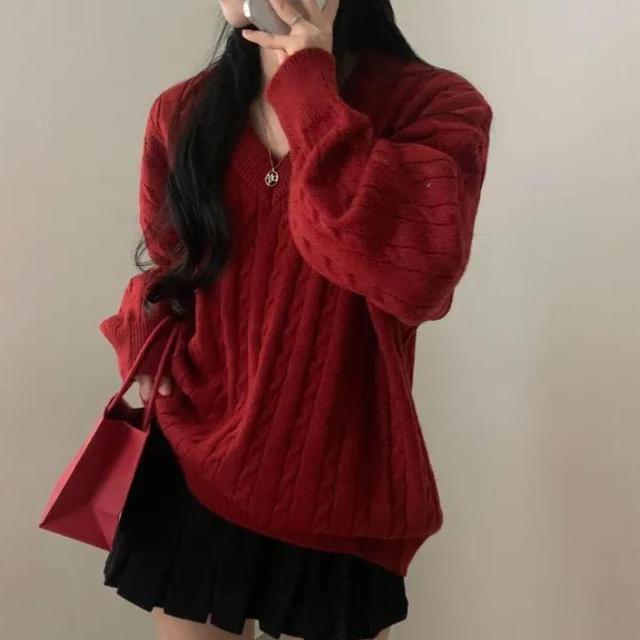 V-Neck Plain Cable-Knit Oversized Sweater Product Image