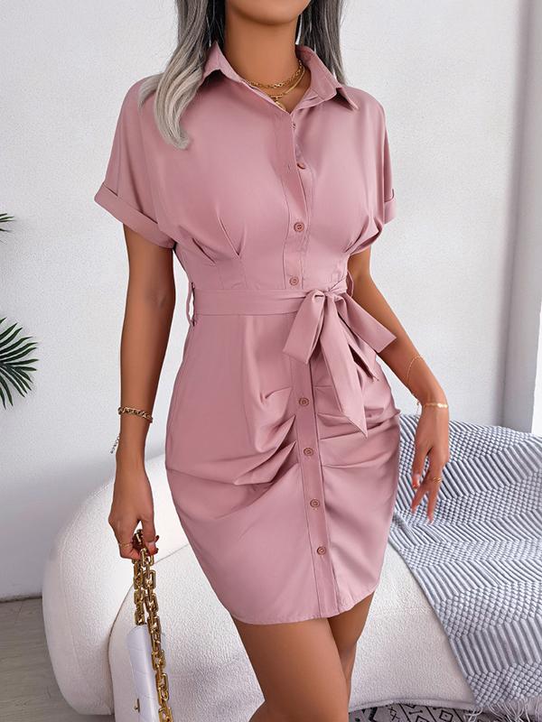 Short Sleeves Bandage Pleated Solid Color Lapel Mini Dresses Product Image