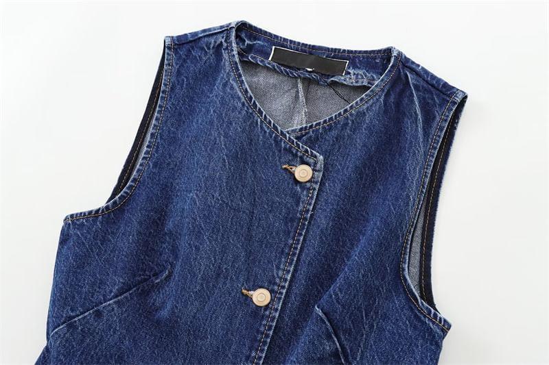 V-Neck Washed Denim Button Down Cropped Vest Product Image