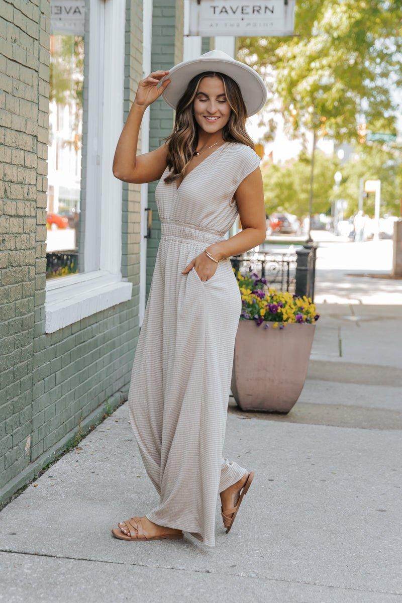 Taupe Striped Wide Leg Jumpsuit Product Image