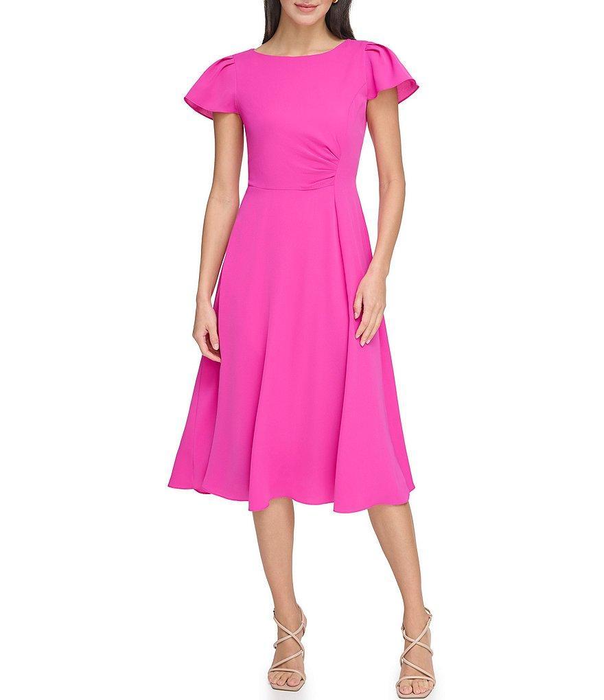 DKNY Flutter Crepe Round Neckline Short Flutter Sleeve Dress Product Image