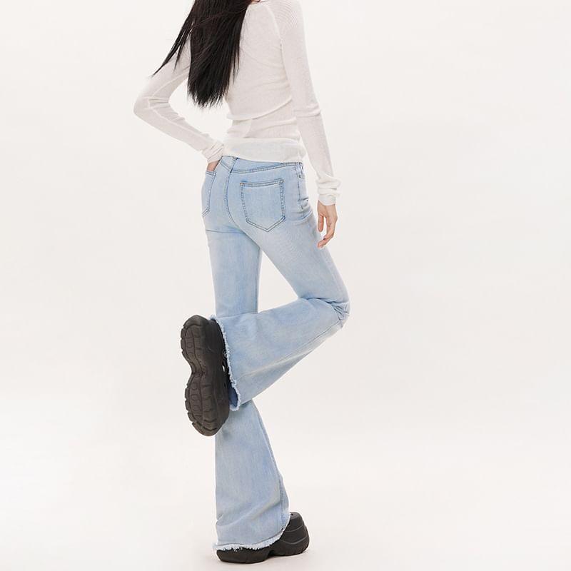 Low Waist Washed Frayed Flared Jeans (Various Designs) Product Image