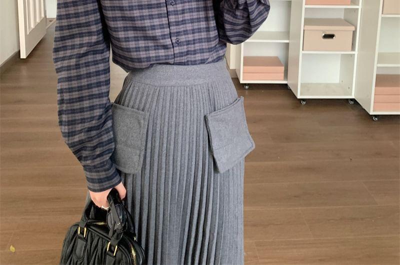 Long-Sleeve Plaid Shirt / Square Neck Melange Crop Button Vest / High Waist Accordion Pleated Midi A-Line Skirt Product Image