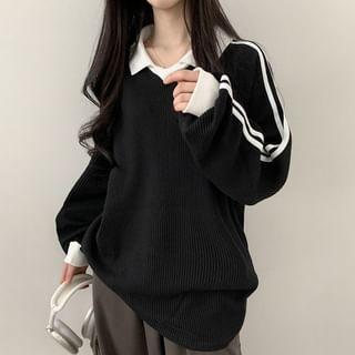 Long Sleeve Contrast-Trim Embroidered Waffle Pattern Loose-Fit Pullover Product Image