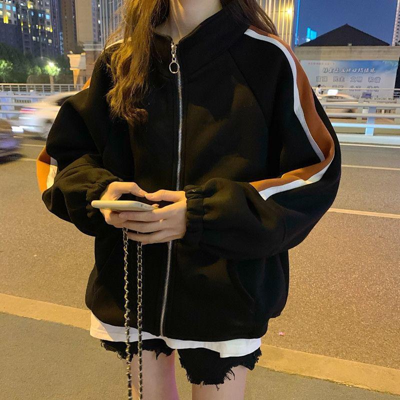 Stand Collar Color Block Zip-Up Jacket Product Image