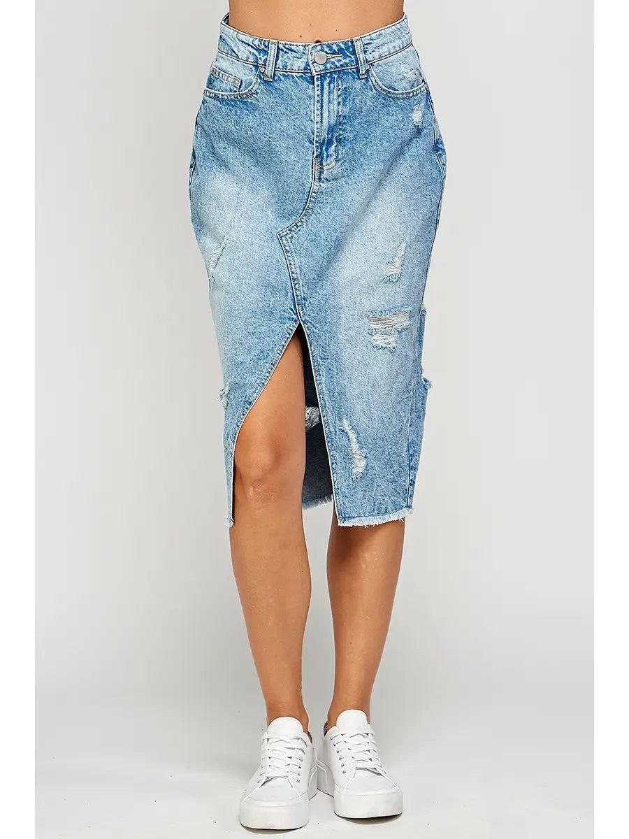 Distressed Long Denim Skirt Product Image