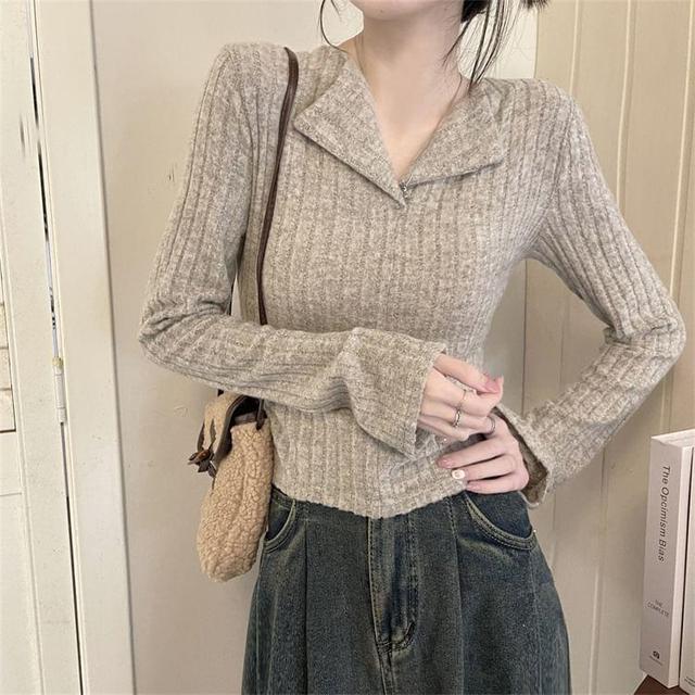 Long-Sleeve Collar Plain Ribbed Knit Top Product Image