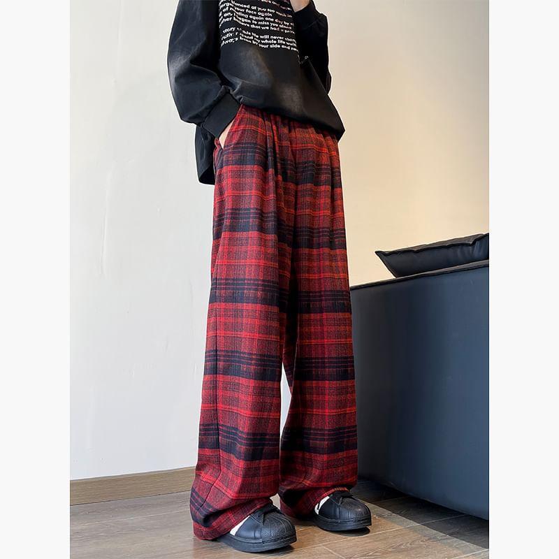 High Waist Plaid Wide Leg Pants Product Image