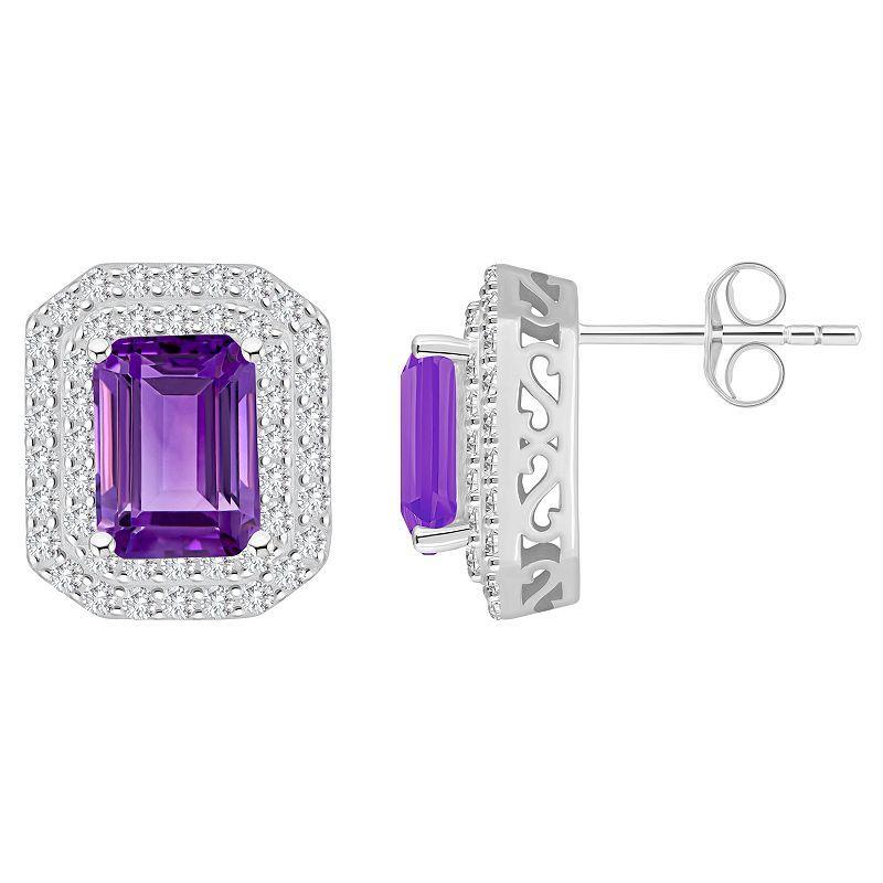 Celebration Gems Sterling Silver Emerald-Cut Amethyst & White Topaz Double Halo Stud Earrings, Womens, Purple Product Image