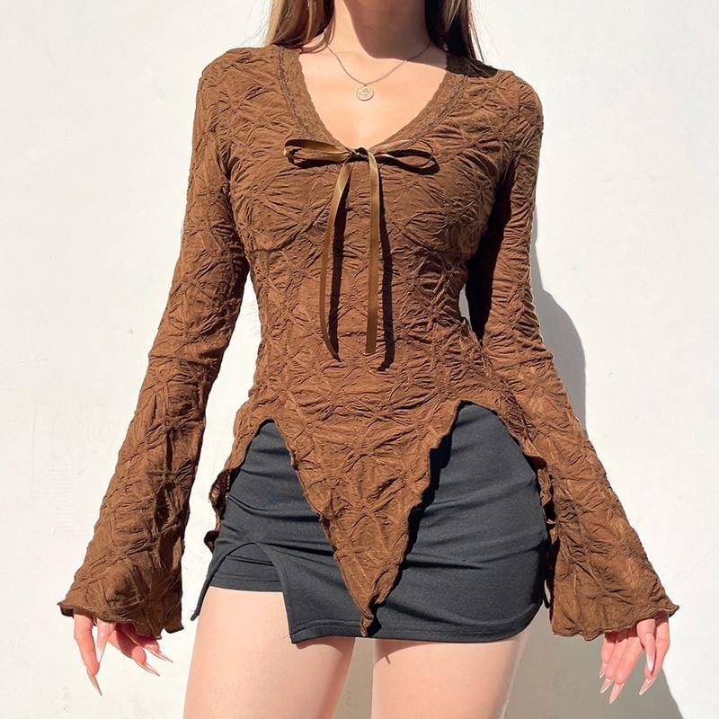 Bell Sleeve V-Neck Lace-Trim Bow Accent Ruched Slim-Fit Top Product Image