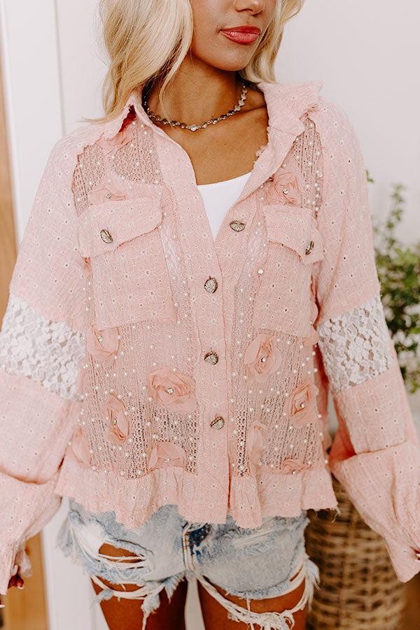 Tea Garden Embellished Knit Button Up in Pink Product Image