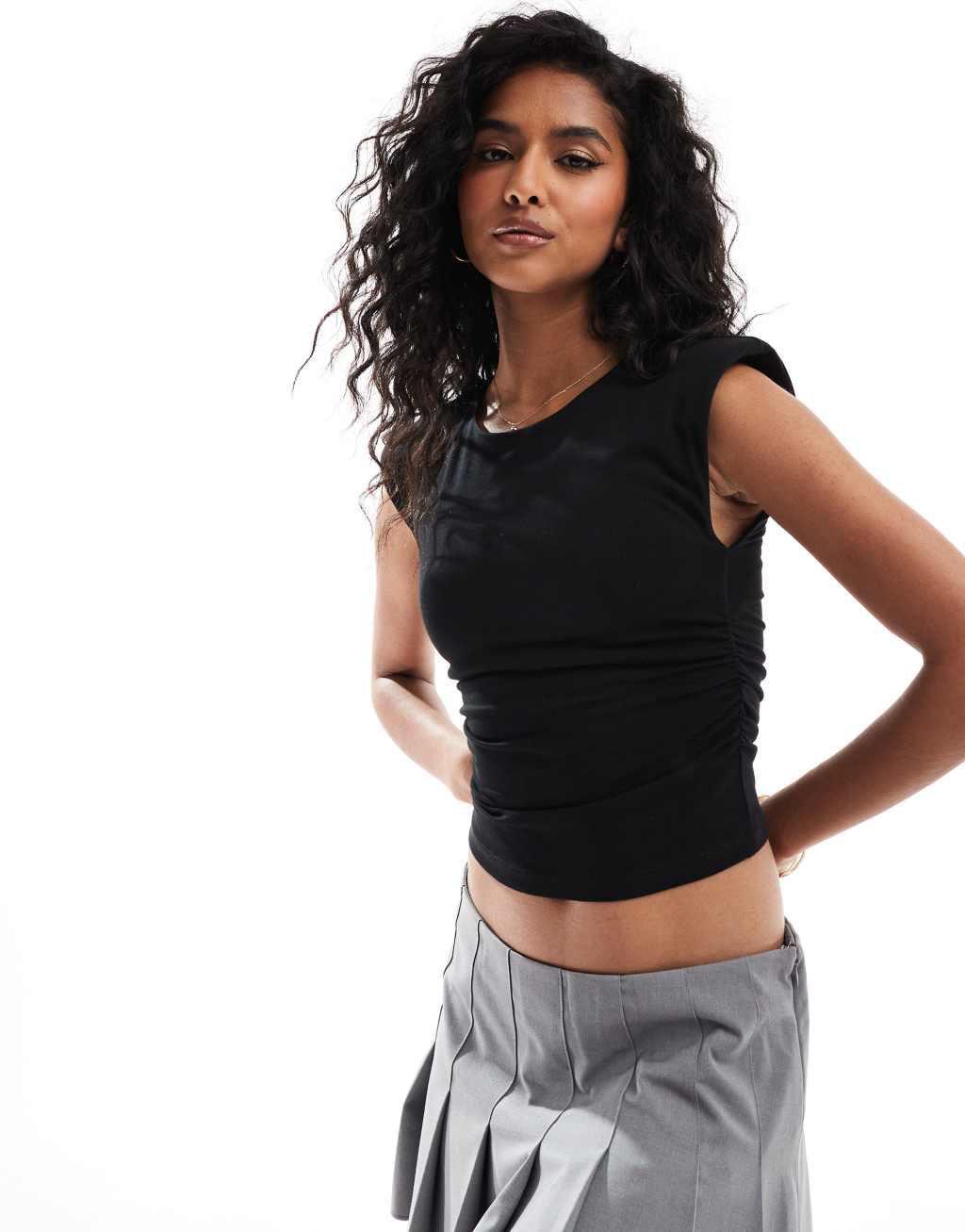 Bershka padded shoulder polyamide crop top in black Product Image