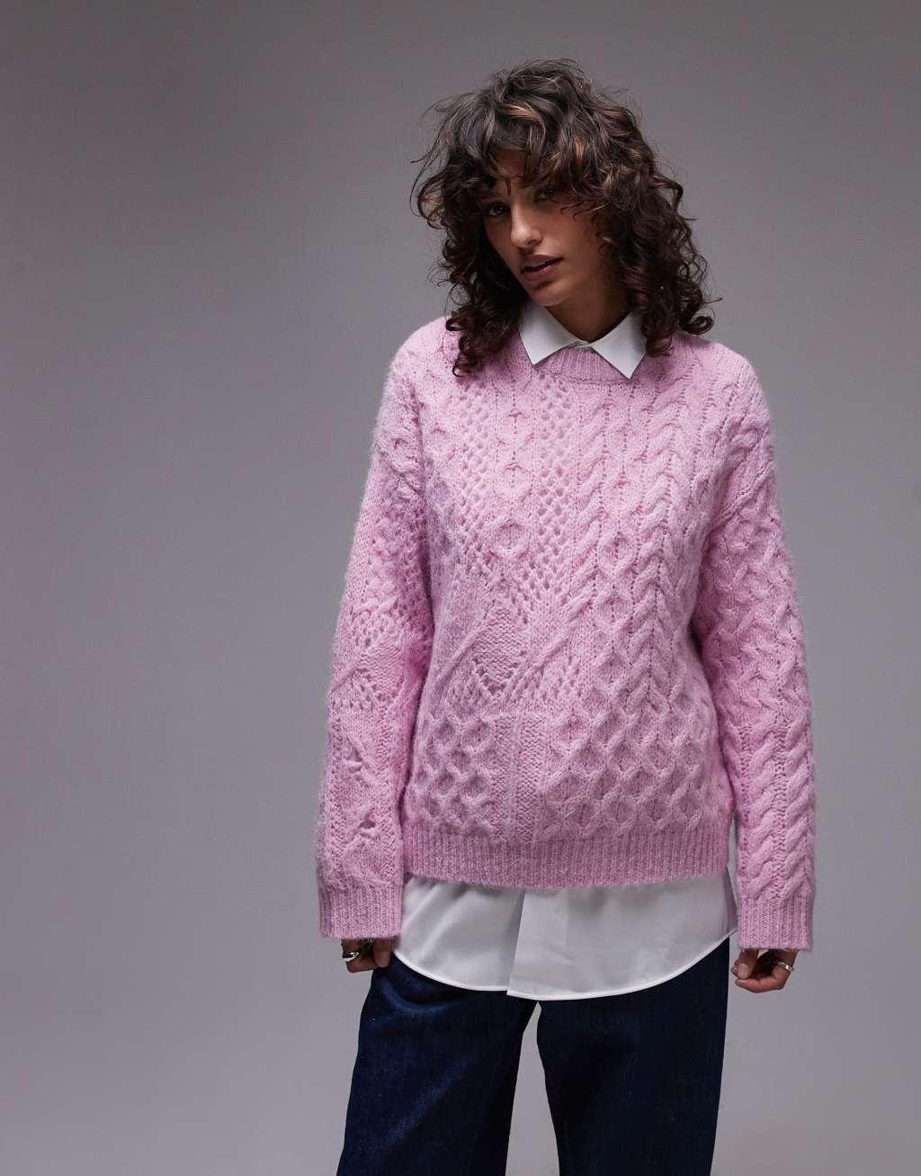 Topshop lofty cable knit relaxed sweater in pink Product Image