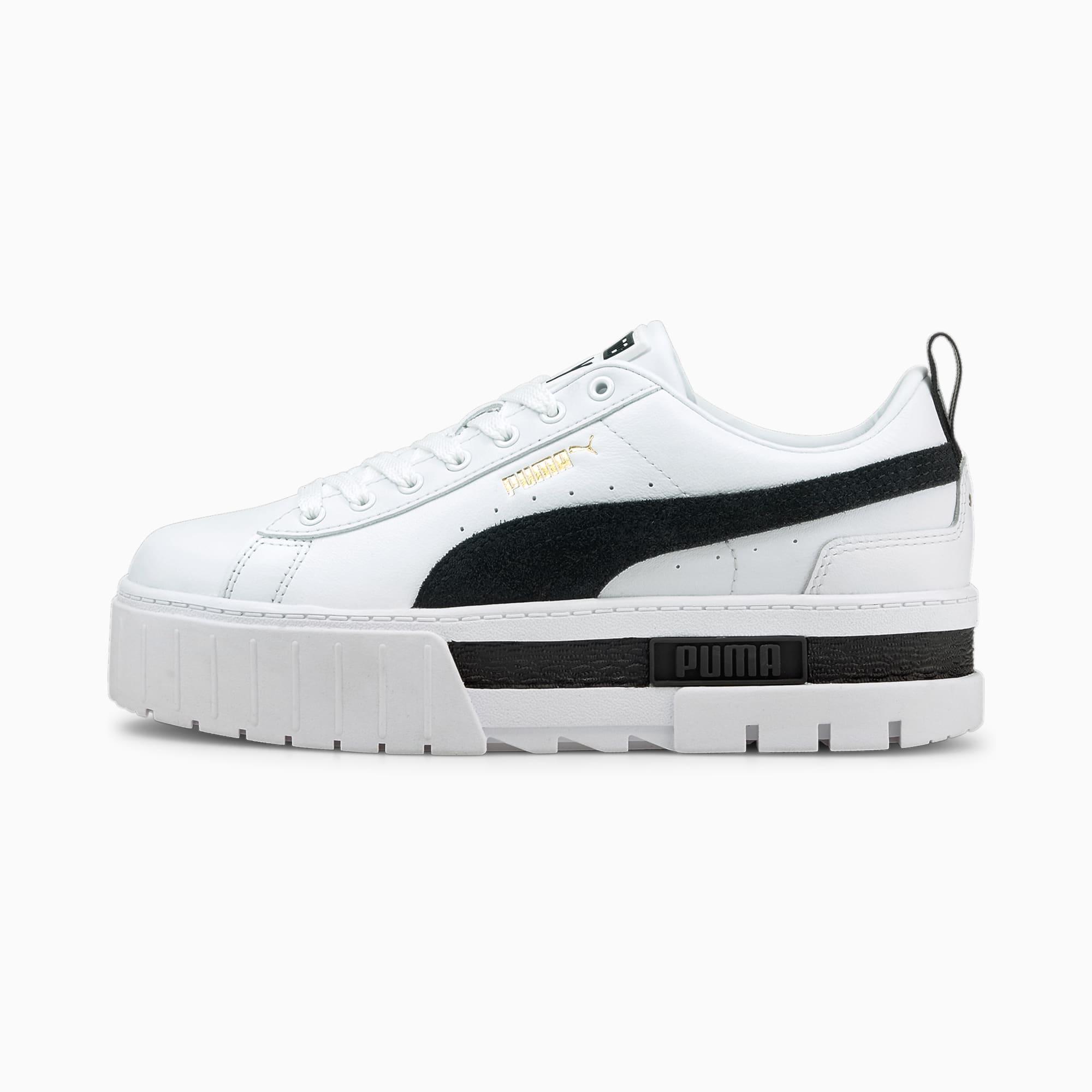 PUMA Mayze Leather Women's Sneakers in White/Black Product Image