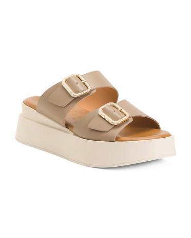 Leather 2 Bands And Gold Buckle Flatform Sandals for Women | Leather/Man-Made Sole Product Image