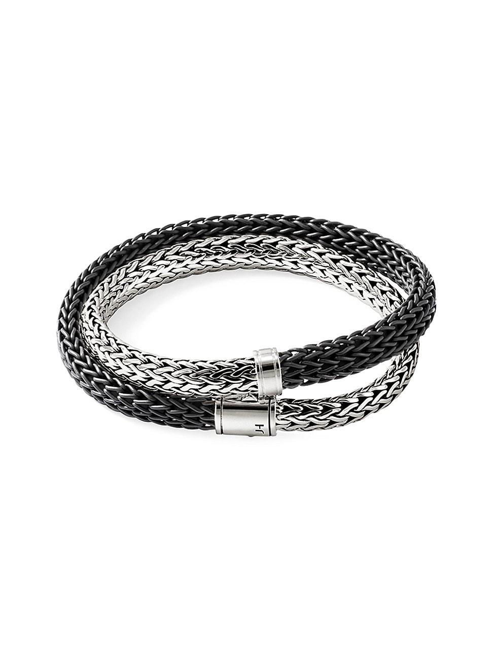 Mens Sterling Silver & Rubber Double Wrap Bracelet Product Image