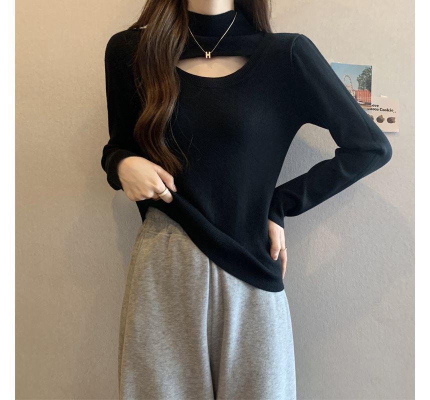 Long-Sleeve Mock Neck Cutout Knit Top Product Image