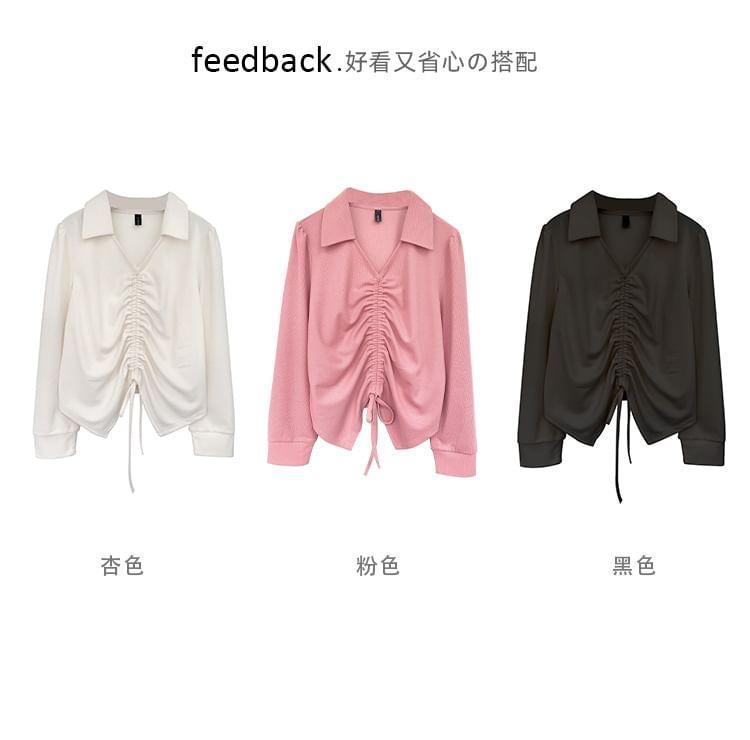 Long-Sleeve V-Neck Collared Plain Drawstring Ruched Tee Product Image