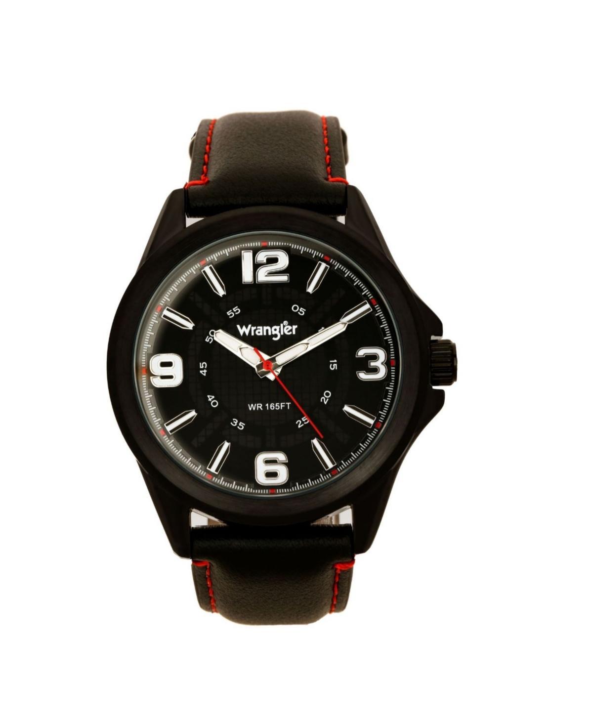 Wrangler Mens Watch, 48MM Ip Black Case with Cutout Black Dial, White Arabic Numerals, Black Strap with Red Stitching, Analog , Red Second Hand Product Image