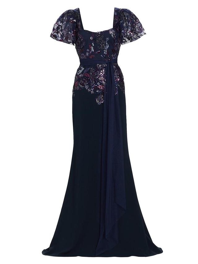 Womens Beaded Lace Flutter-Sleeve Gown Product Image