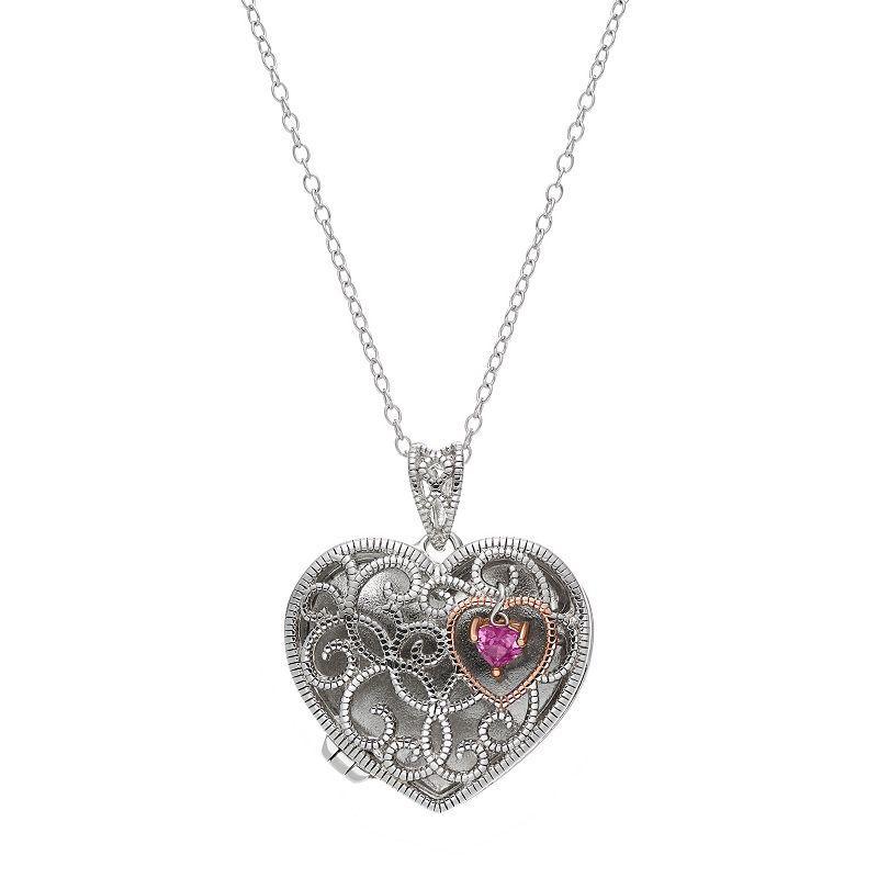 Sterling Silver Lab-Created Pink Sapphire Heart Locket, Womens, White Product Image