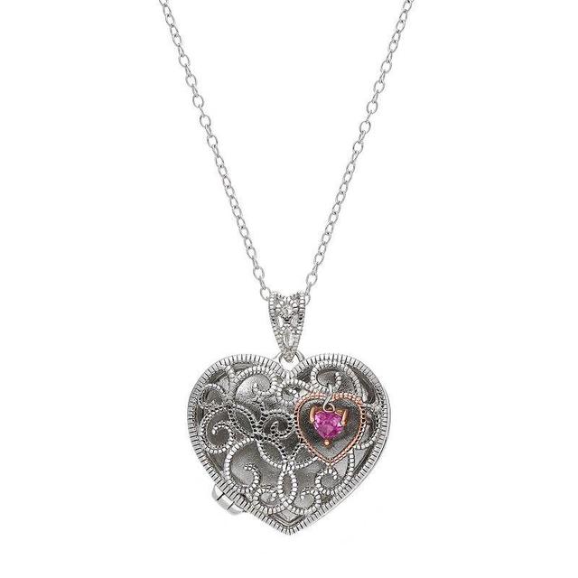 Sterling Silver Lab-Created Pink Sapphire Heart Locket, Womens, White Product Image