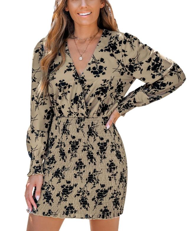 Cupshe Womens Brown Floral Wrap Smocked Mini Beach Dress - Beige Product Image