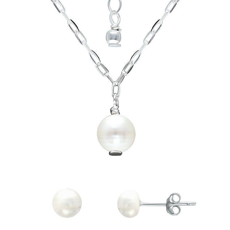 Aleure Precioso Sterling Silver Freshwater Cultured Pearl Chain Necklace & Stud Earring Set, Womens Product Image