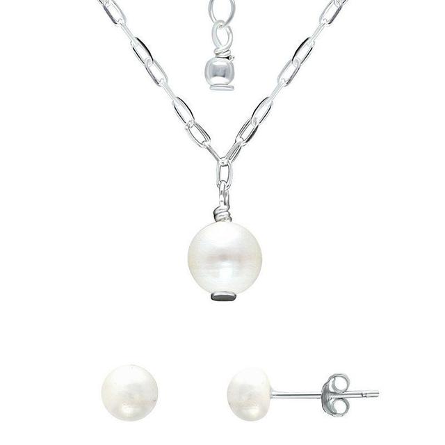 Aleure Precioso Sterling Silver Freshwater Cultured Pearl Chain Necklace & Stud Earring Set, Womens Silver Tone Product Image