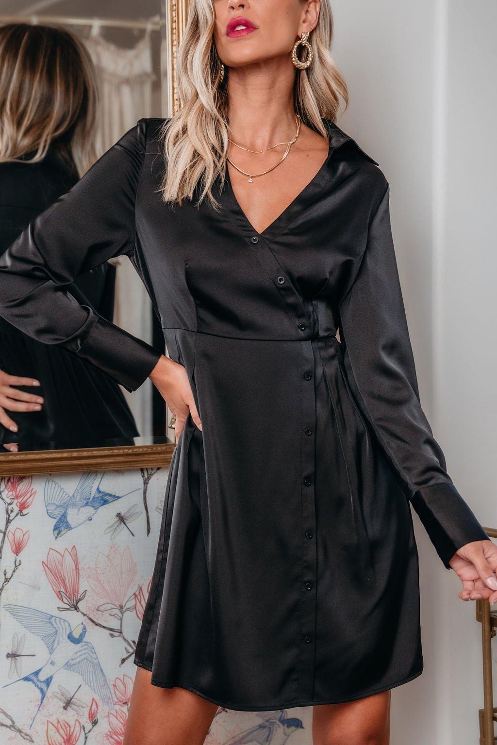 Black V Neck Satin Mini Dress - FINAL SALE Product Image