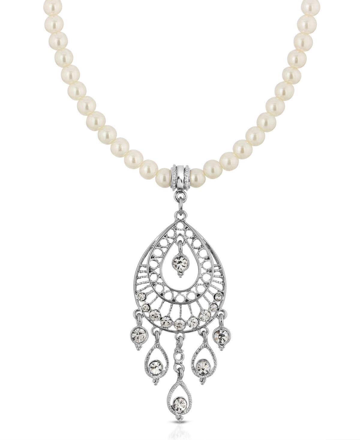 1928 Silver-Tone Crystal Filigree Drop on Pearl Necklace, Womens, White Product Image