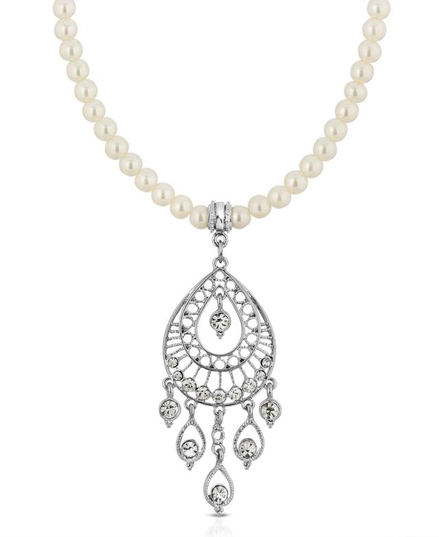 1928 Silver-Tone Crystal Filigree Drop on Pearl Necklace, Womens, White Product Image