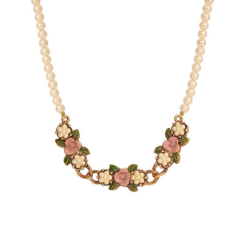 1928 Gold Tone Simulated Pearl Pink Flower Collar Necklace, Womens Product Image