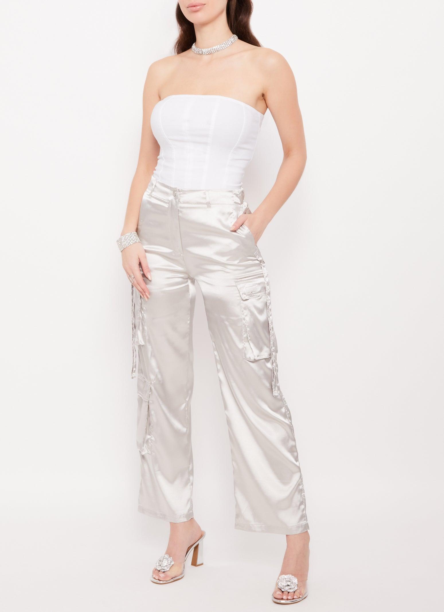 Womens Satin High Waisted Wide Leg Cargo Pants product image